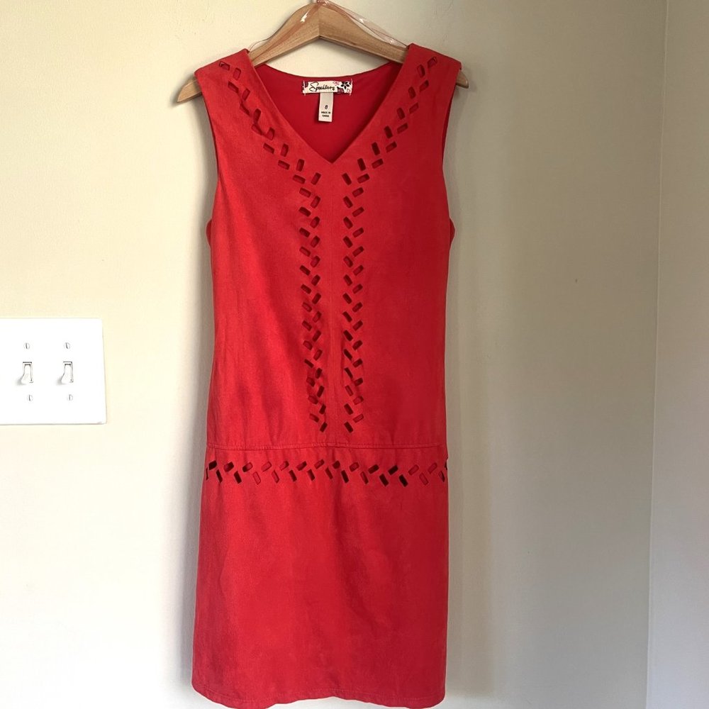 Speechless Sleeveless Faux Suede Laser Cut Dress, Chili Red, Size 8